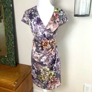 Ivy & Blu Maggy Boutique Size 12 Floral Ruched Faux Wrap Sheath Dress Ruching